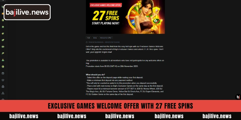 BajiLive Promotions Bonuses 5 Exclusive games welcome offer with 27 free spins